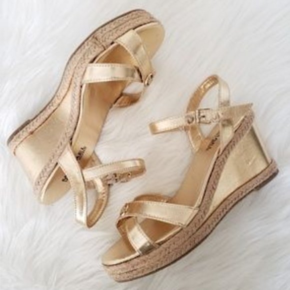 Michael Kors Shoes - Michael Kors Minnie Gold Sandal Wedges Size 5